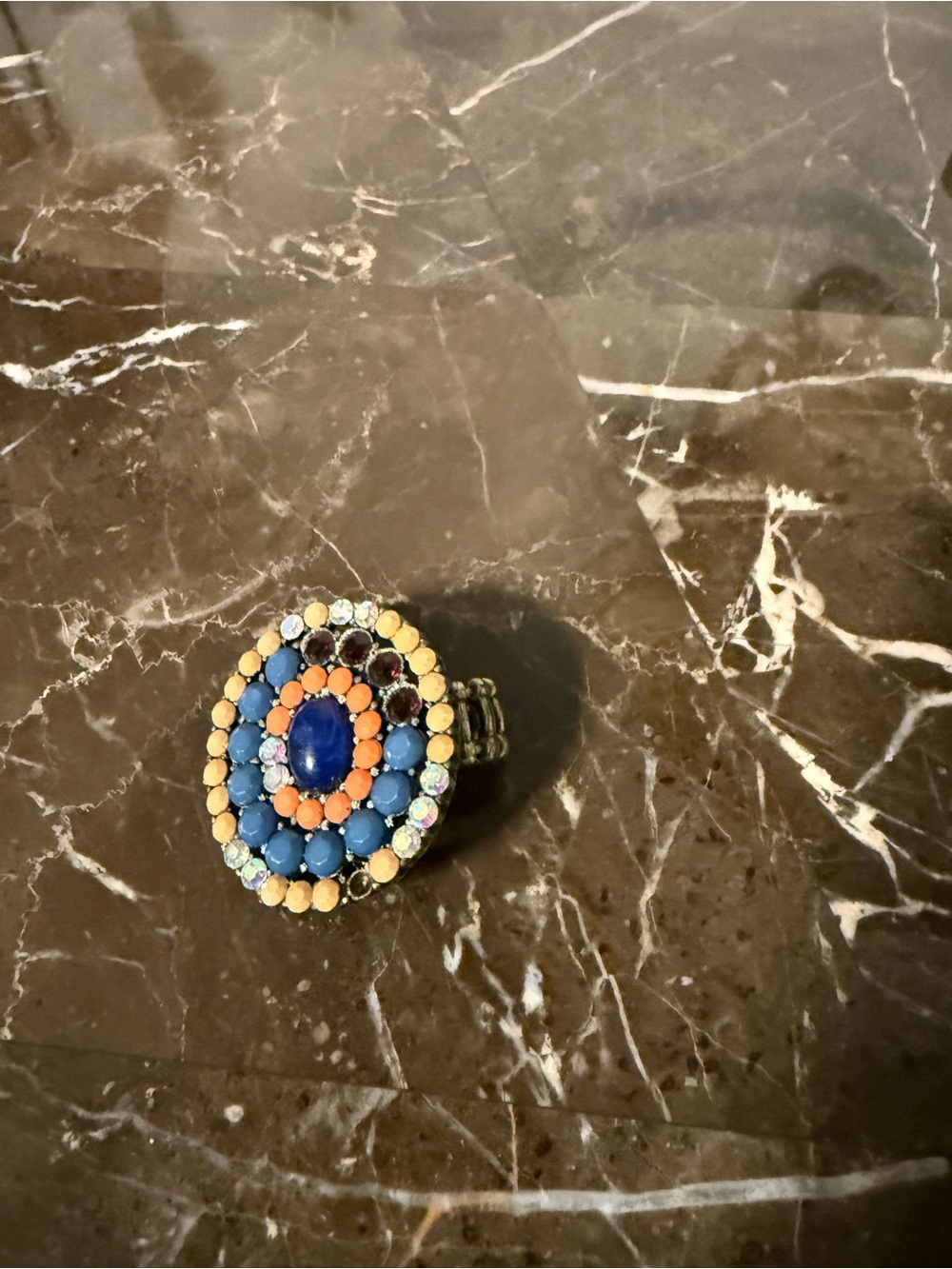 Multicolored Beaded Statement Ring — Blue & Coral Accent